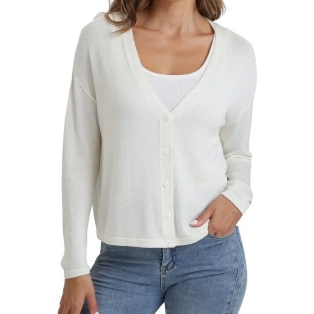 Yesfashion Womens White V-Neck Button Front Lightweight Knit Cardigan‎ Sweater S